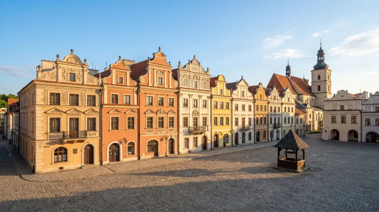 Renesansowe kamienice na Rynku w Kazimierzu Dolnym, z charakterystyczną studnią pośrodku. To jedne z najpiękniejszych kazimierz dolny atrakcje.